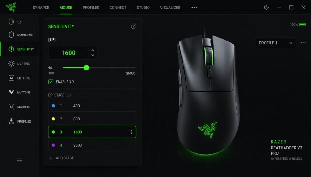 Checking mouse DPI settings inside gaming manufacturer software showing DPI presets from 400 to 3200.

