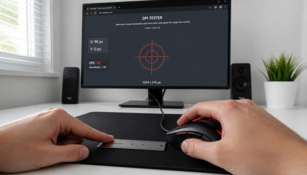 "Manual way how to check DPI on mouse using a ruler and an online DPI analyzer website on a computer monitor"

