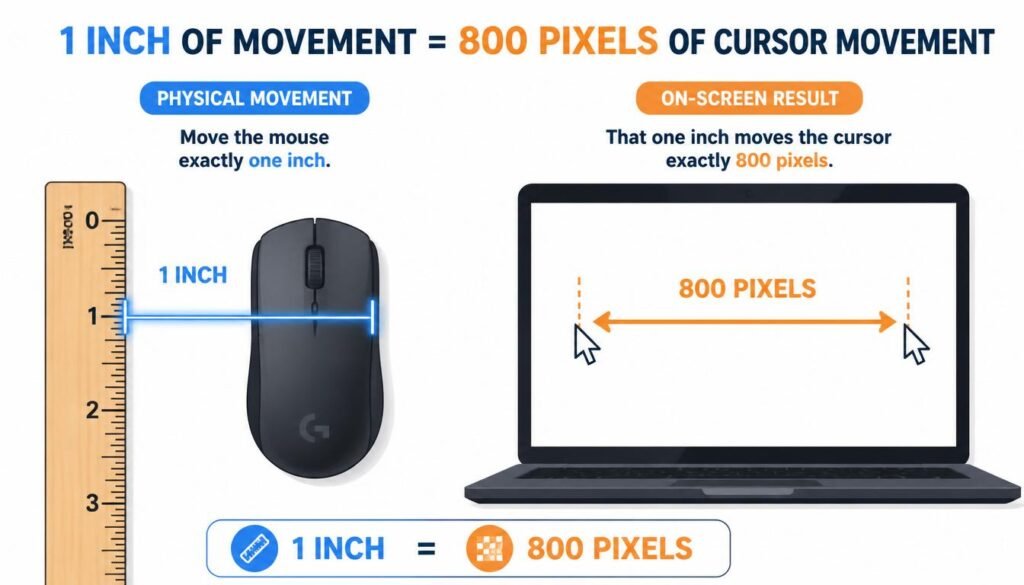 Infographic explaining how to check mouse DPI by measuring one inch of physical movement against 800 pixels on a screen.

