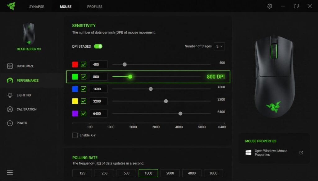 "Gaming mouse driver software interface displaying DPI settings to check and adjust mouse sensitivity easily"

