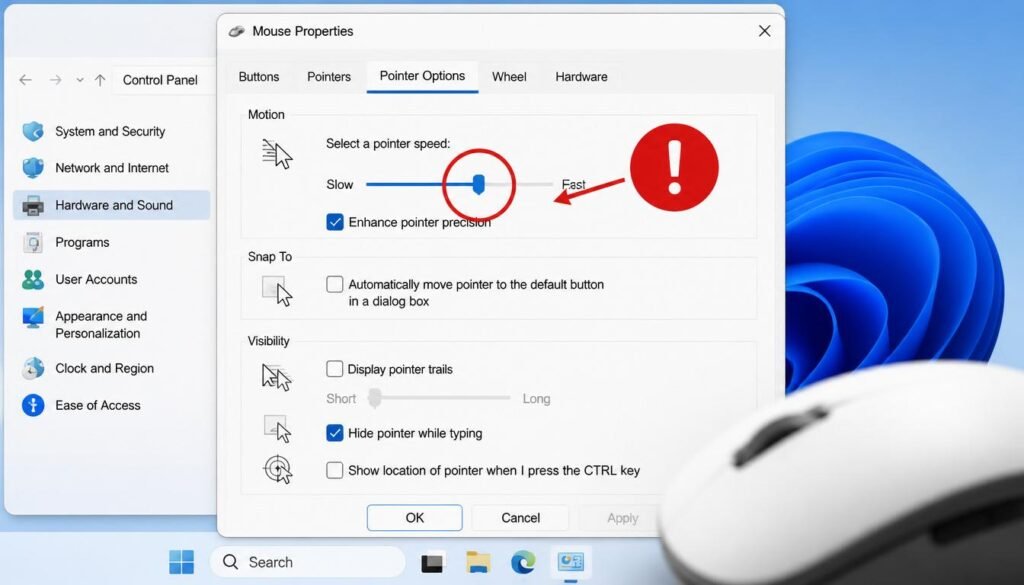 "Windows mouse pointer speed settings menu showing why it does not display how to check DPI on mouse accurately"

