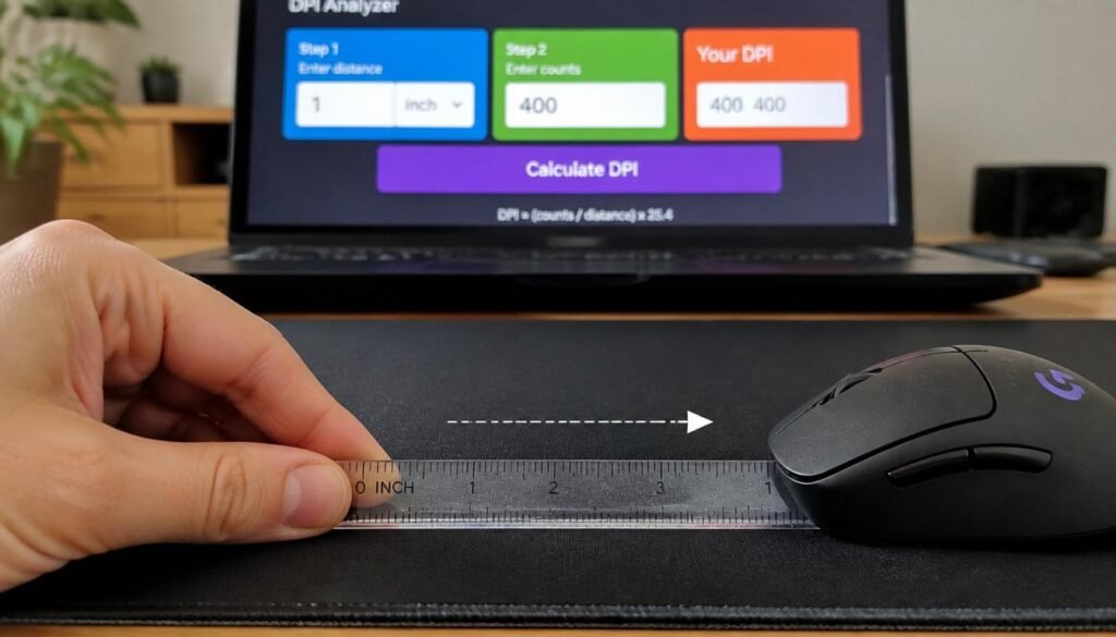 Using a ruler and an online DPI analyzer tool to test mouse DPI accurately on a laptop.

