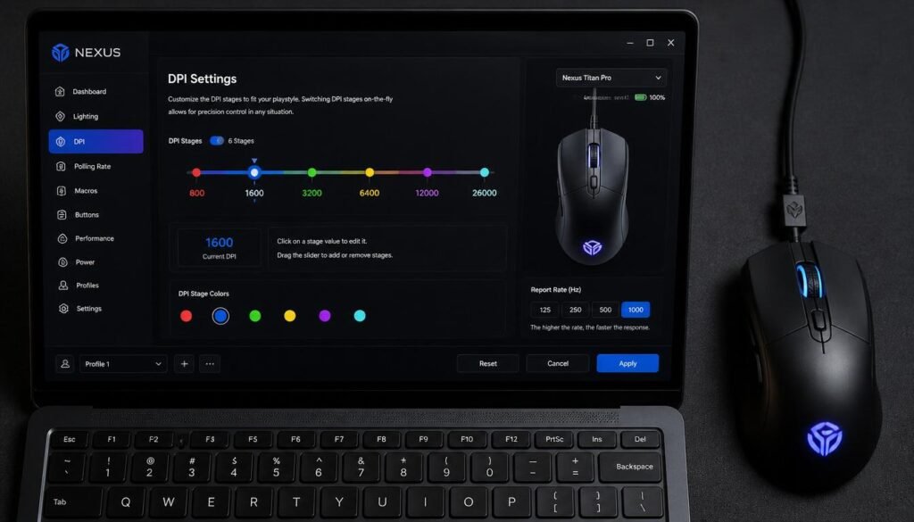 "Checking mouse DPI settings using manufacturer software dashboard showing DPI slider and sensitivity options"

