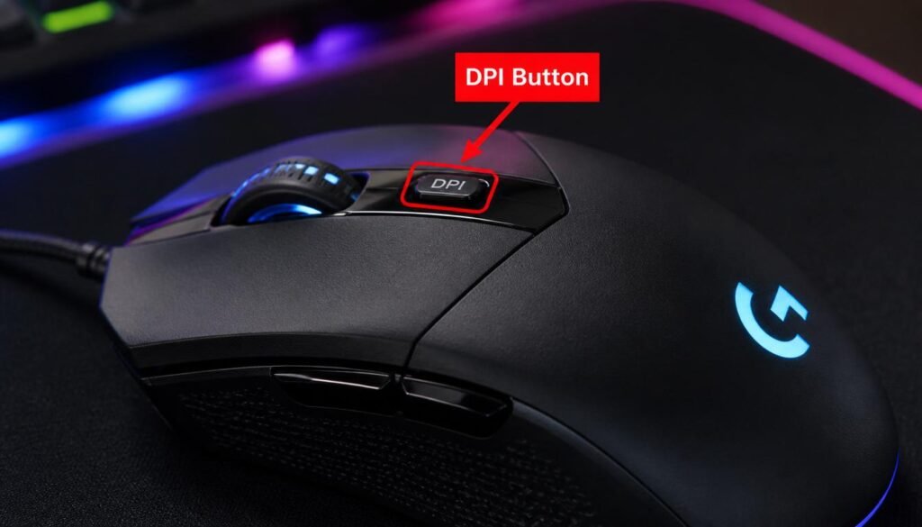 Location of the DPI button on a gaming mouse for changing mouse sensitivity.