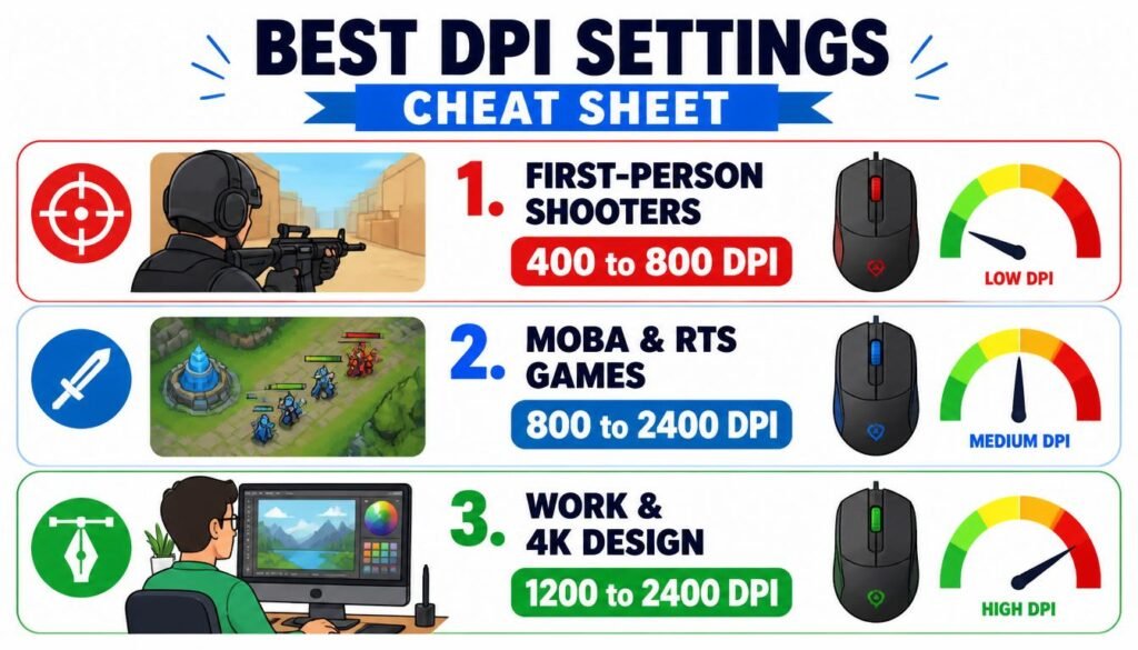 Infographic cheat sheet showing the best mouse DPI settings for different activities. FPS gaming requires 400-800 DPI, MOBA gaming uses 800-2400 DPI, and professional design uses 1200-2400 DPI."