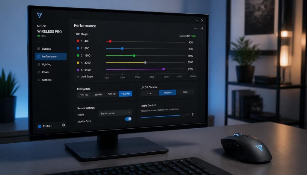 Mouse software interface used to customize DPI settings and sensitivity levels.