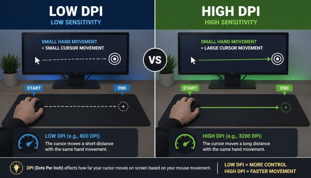 Low DPI vs high DPI comparison showing differences in mouse sensitivity.