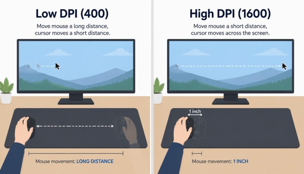 "Side by side comparison of low mouse DPI versus high mouse DPI. Low DPI needs large hand movements, while high DPI needs very small hand movements for fast cursor speed."