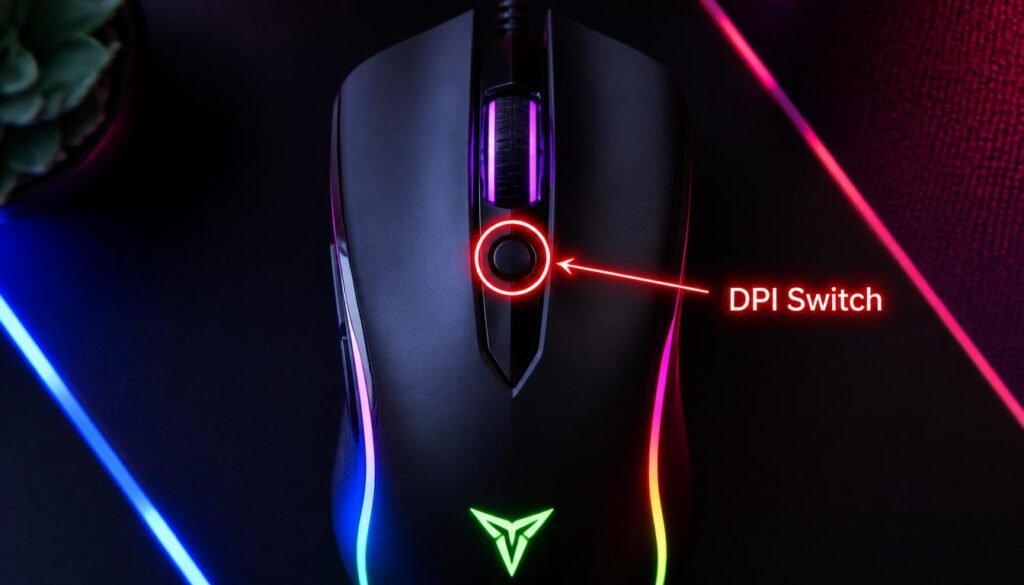 "Close up view of a gaming mouse showing the dedicated DPI button located just behind the scroll wheel, used to adjust cursor sensitivity on the fly."