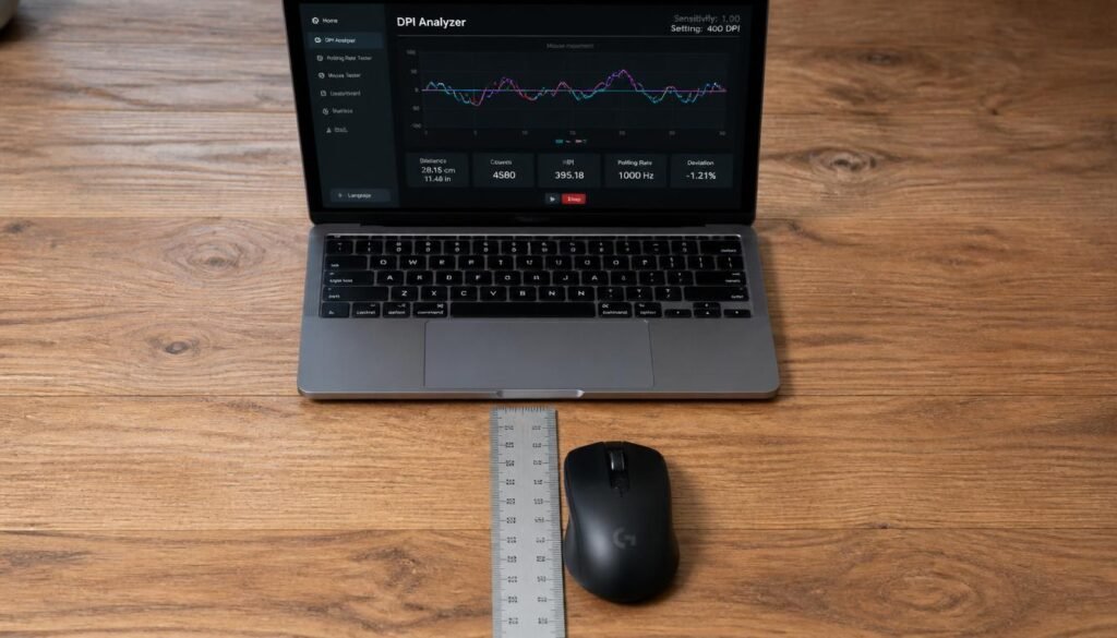"Using a ruler and an online DPI analyzer tool on a laptop to check mouse DPI accurately at home"

