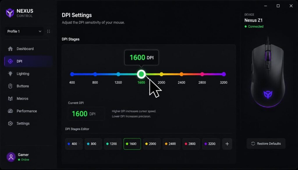 "Screenshot of mouse software settings showing a DPI slider bar adjusted to 1600 Dots Per Inch, allowing users to customize their mouse sensitivity."