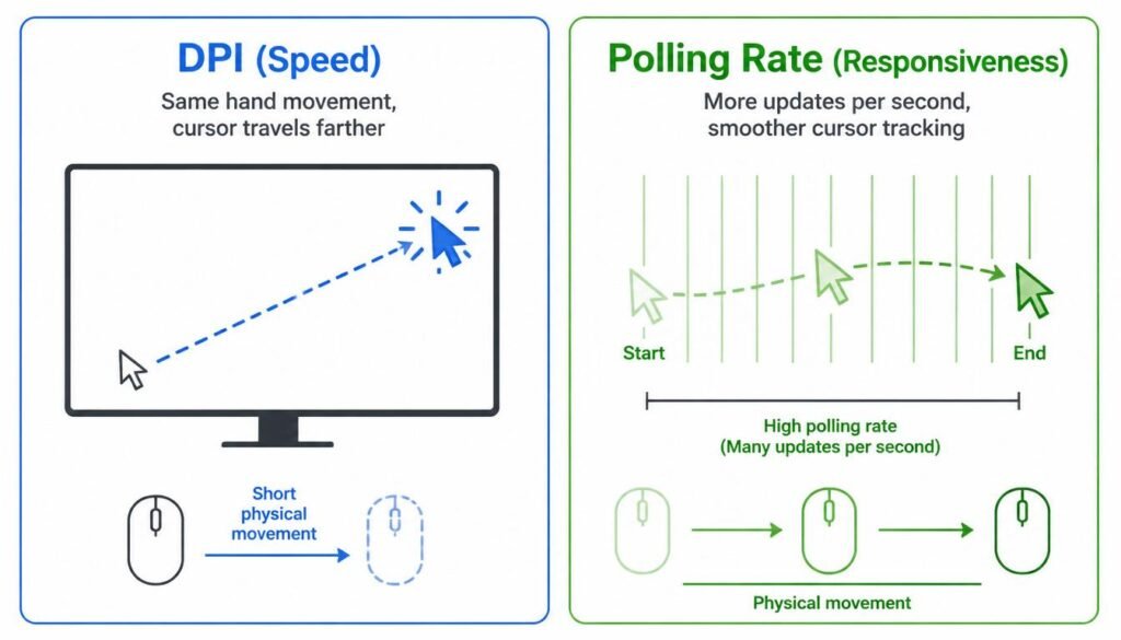 Diagram explaining the difference between polling rate vs DPI, showing mouse DPI controls cursor speed while polling rate controls responsiveness and update frequency.


