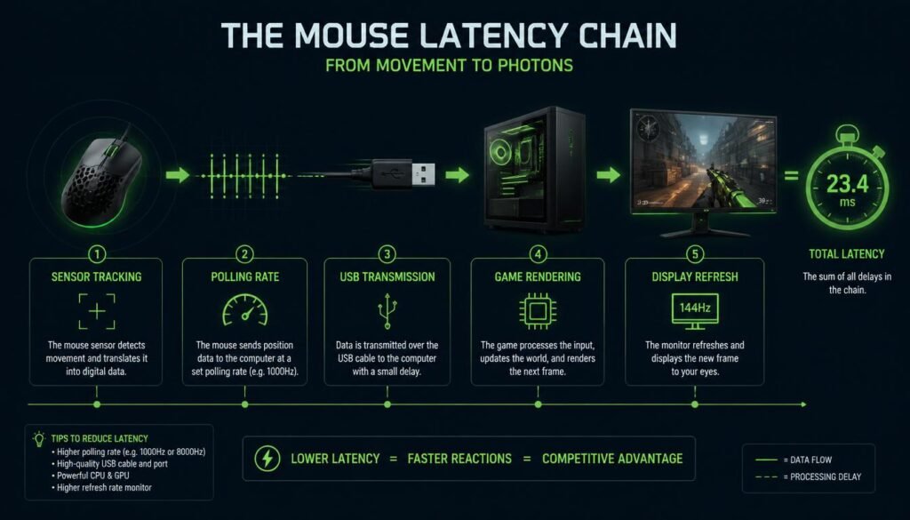 Diagram showing the complete mouse latency chain from sensor tracking to display refresh on a gaming PC