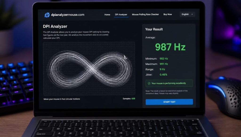 Screenshot of an online mouse polling rate test showing average 987Hz, demonstrating how to check current polling rate without software using a free polling rate checker tool.

