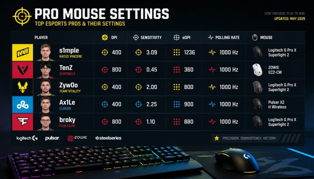 Professional esports players' DPI and polling rate settings showing 400 to 800 DPI with 1000 Hz polling rate