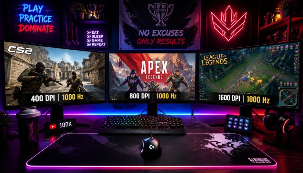 Recommended DPI and polling rate settings displayed for CS2, Apex Legends, and League of Legends games