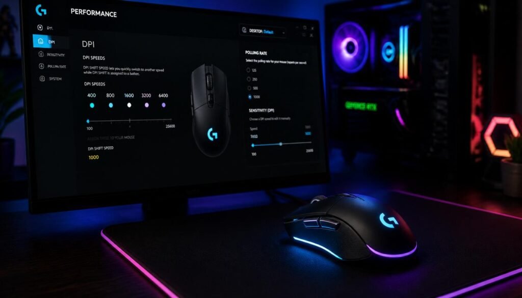 Gaming mouse settings software interface showing DPI adjustments and polling rate options for advanced mouse sensitivity control on a dark gaming desk

