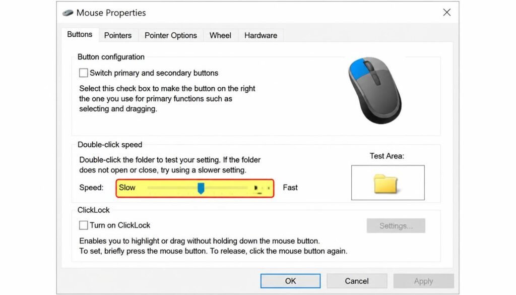 Windows Mouse Properties dialog box showing the Buttons tab with double-click speed slider and Test Area folder for adjusting mouse click sensitivity

