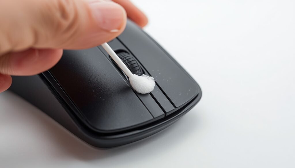 Person cleaning a computer mouse button with cotton swab and rubbing alcohol to fix hardware-related click sensitivity issues

