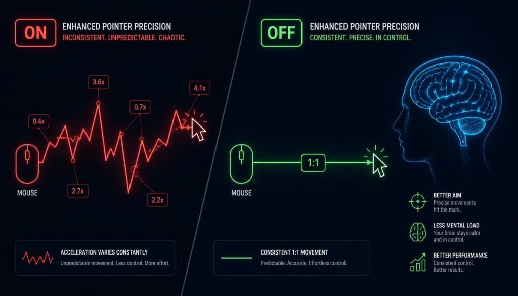 Infographic comparing mouse acceleration on versus off for better aiming consistency and muscle memory in FPS games