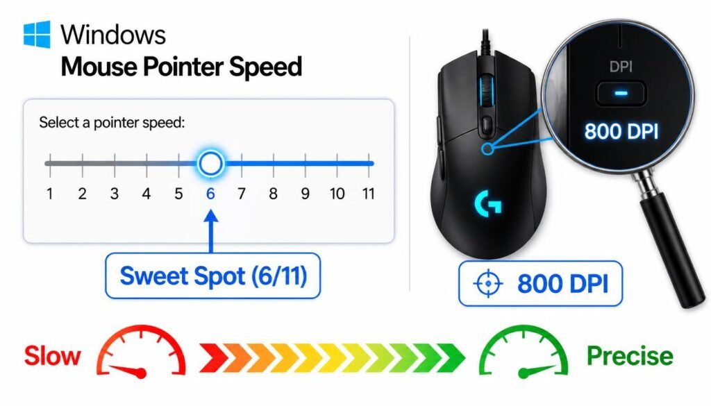 Adjusting Windows pointer speed slider to 6th notch and DPI settings after turning off mouse acceleration