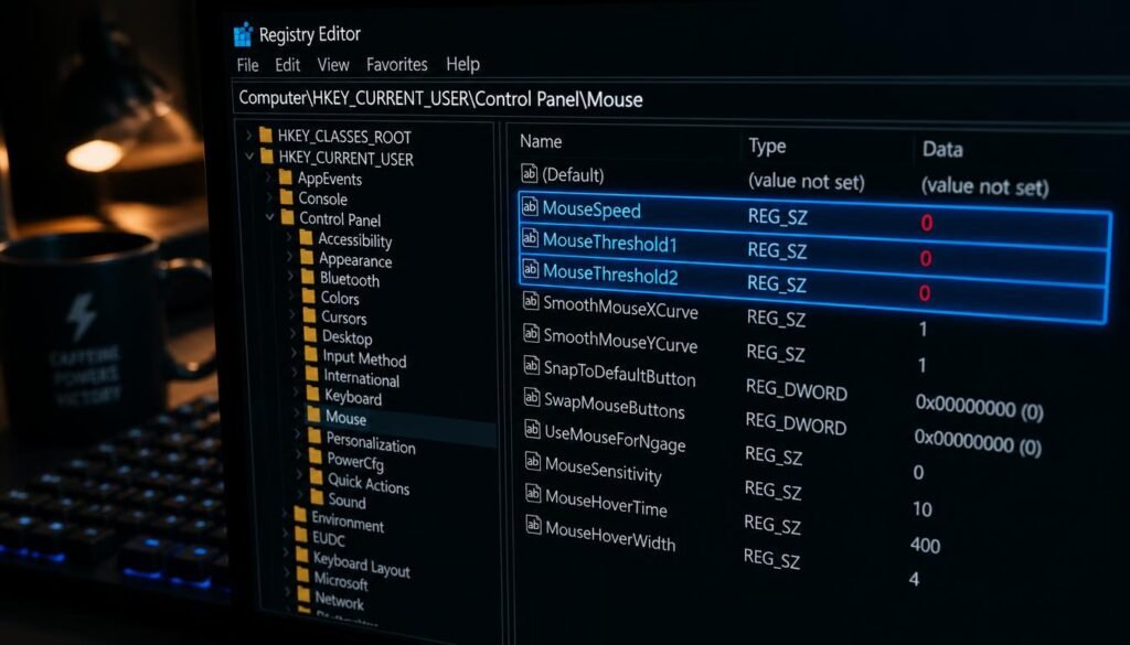 Windows registry editor showing MouseSpeed MouseThreshold1 and MouseThreshold2 set to 0 to permanently disable acceleration
