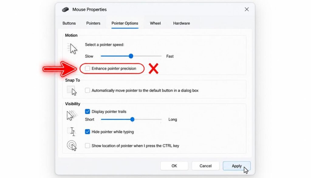 Windows 11 mouse properties dialog uncheck enhance pointer precision to disable mouse acceleration