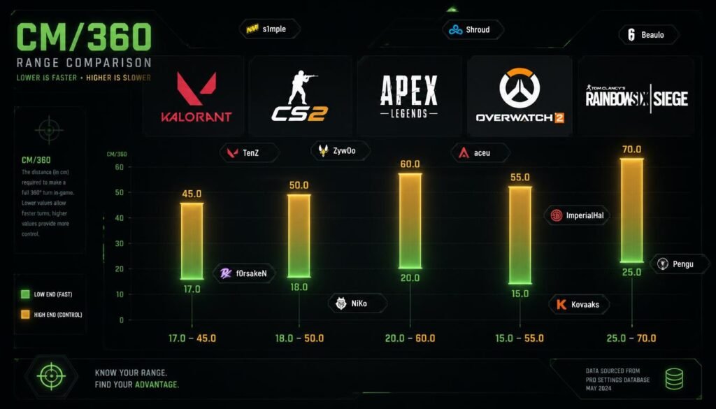 Valorant sensitivity range, CS2 cm/360, Apex Legends pro sensitivity, Overwatch 2 sensitivity, and Rainbow Six Siege benchmarks—cm/360 cheat sheet for converting sensitivity between games using pro player settings.
