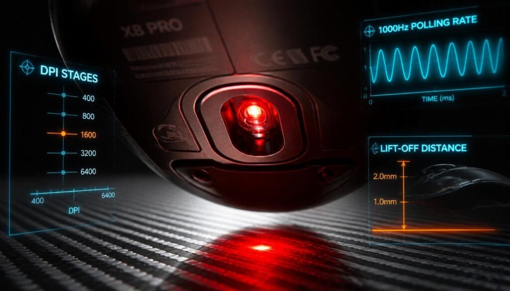 Close-up of gaming mouse sensor showing DPI stages, 1000Hz polling rate wave overlay, and lift-off distance measurement for accurate cursor control.

