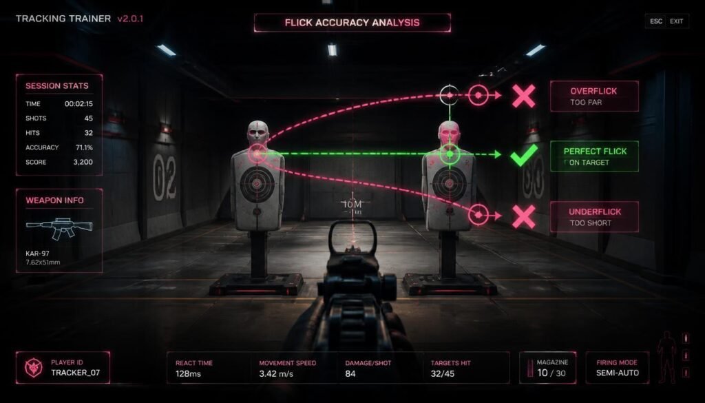 Overflick and underflick explained during the sensitivity testing method—how to adjust your perfect sensitivity by tracking crosshair movement between targets in aim training drills.