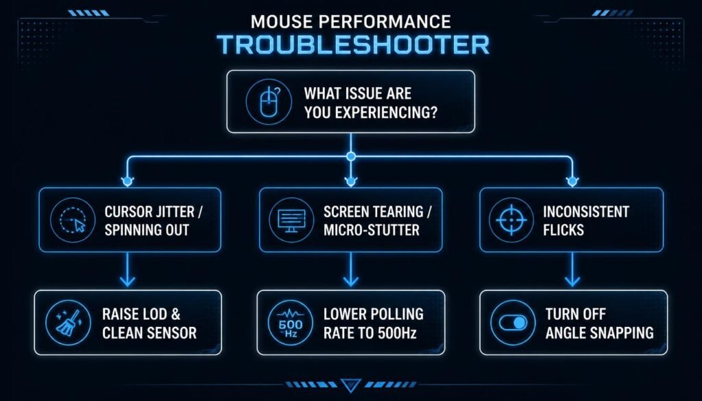 Troubleshooting flowchart for gaming mouse problems including cursor jitter, micro-stutter, inconsistent flicks, and disabling angle snapping for better aim.

