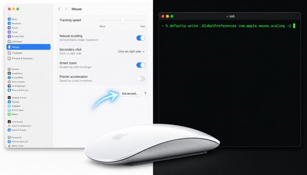 MacOS system settings and terminal command to disable pointer acceleration and turn off mouse acceleration on Mac