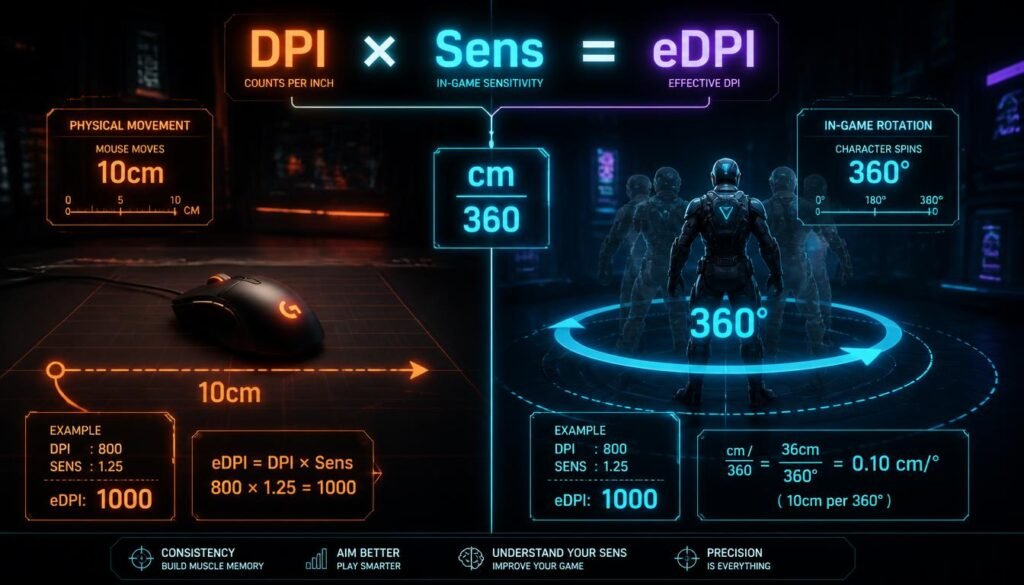 eDPI calculator and cm/360 explained—visual guide showing how mouse DPI and in-game sensitivity determine physical movement distance for a full 360 turn in competitive FPS aiming.