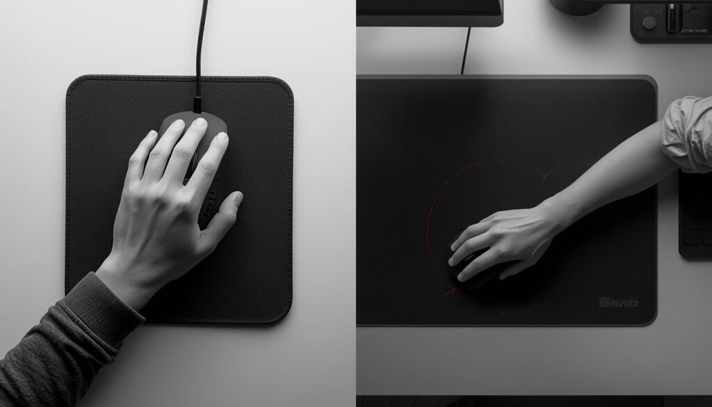 Wrist aim vs arm aim comparison for finding your ideal mouse sensitivity—showing how desk space, mousepad size, and claw or palm grip affect overflick and underflick during the flick test.