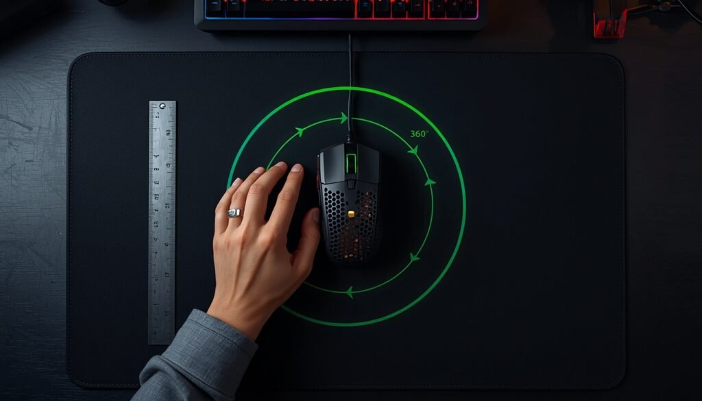 Overhead shot of gamer measuring mouse travel distance with ruler to calculate cm/360 and find true in-game mouse sensitivity for competitive shooters.

